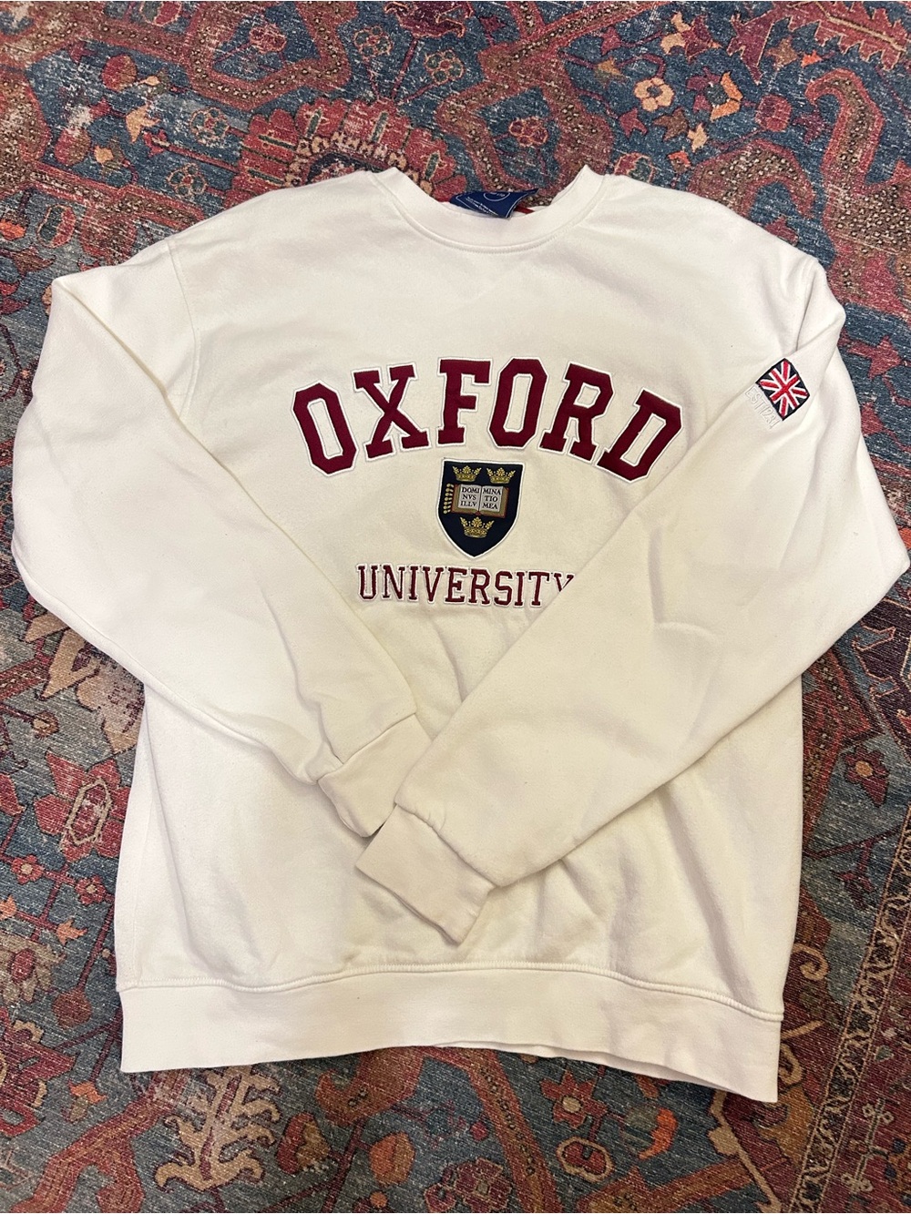 Oxford University White Crewneck Sweatshirt with Burgundy Lettering